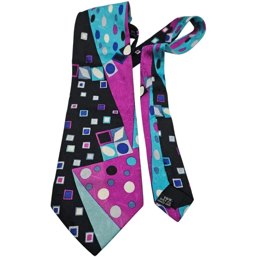 Pavone Silk Tie Abstract Geometric Polka Dot Blue Purple Black Retro 56.25